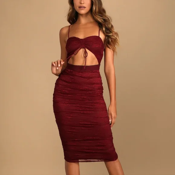 Lulus Dresses Up The Appeal Burgundy Lace Cutout Bodycon Midi